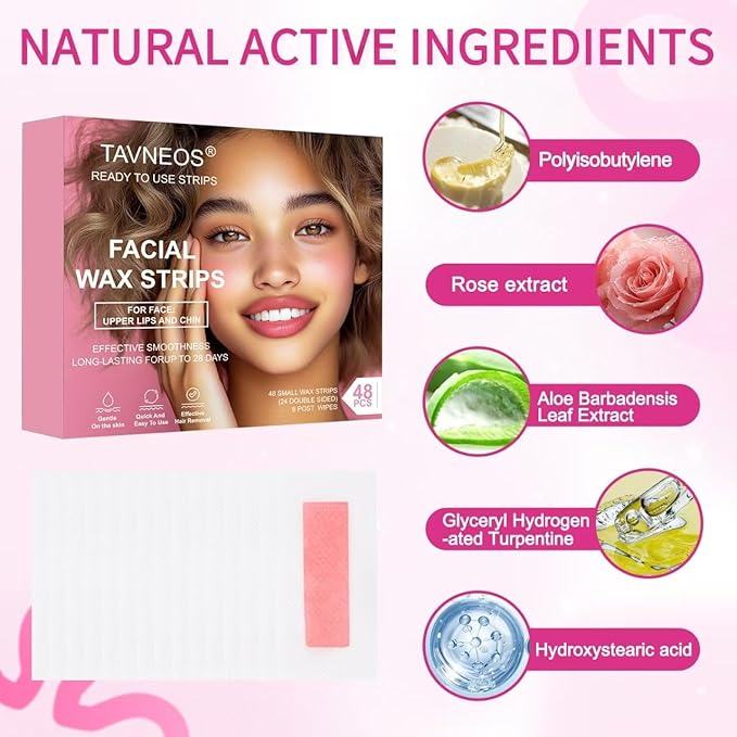 48 PCS Facial Wax Strips for Hair Removal on Face & Body | Gentle Rose Extract Formula for Sensitive Skin | At-Home Waxing Kit for Eyebrows, Upper Lip, Bikini, Brazilian with 6 Calming Oil Wipes