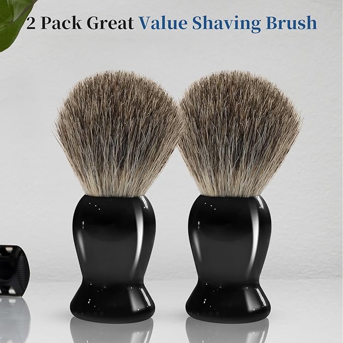 2Pack Badger Hair Shaving Brush - Professional Fast Lather Shaving Cream Brush for Sensitive Skin, Luxury Shave Brush for Men Gift
