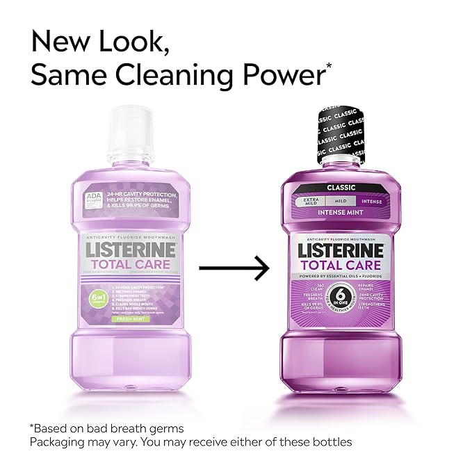 Listerine Total Care Intense Anticavity Fluoride Mouthwash, 6 Benefits in 1 Oral Rinse Helps Kill 99% of Bad Breath Germs, Prevents Cavities, Provides 360 Clean*, ADA-Accepted, Intense Mint, 1 L
