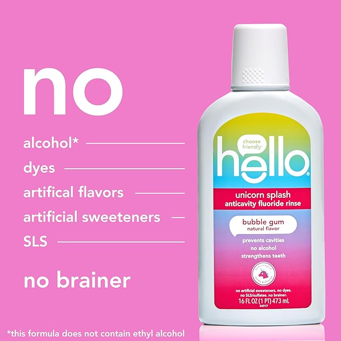 Hello Kids Mouthwash with Unicorn Bubble Gum Flavor, Alcohol Free Mouthwash for Kids with Fluoride, Safe for Ages 6 and Up, Anticavity, Vegan, No Alcohol, No Dyes, 16 Oz Bottles (Pack of 3)