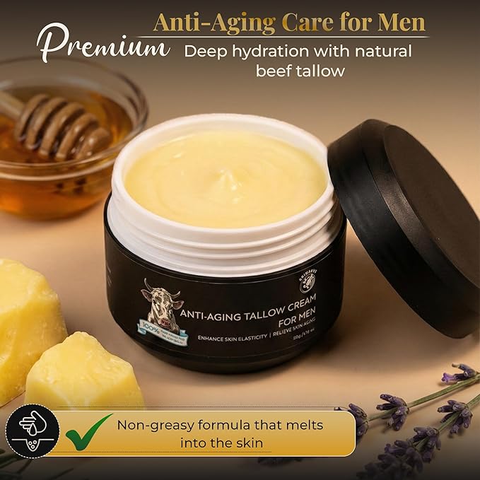 Wrinkle Defense Beef Tallow Balm for Men, Tallow Balm for Skin - Moisturizer for Face - Hydrating Anti Aging Skin Cream - Natural Facial Skincare Lotion with Essential Oils (1.7 OZ)