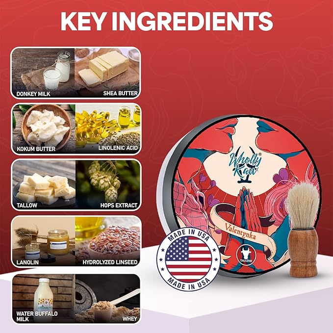 Valentynka Tallow Shaving Soap. Enriched with Donkey Milk, Water Buffalo Milk, Whey Proteins, Omega 3, Omega 6, Hops Extract. Canadian Fir, Leather, Orange, Jasmine, Sugar, Amber, Saffron, Cedarwood