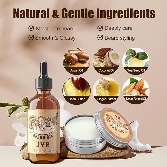 JVR Beard Grooming Kit for Men, Beard Care Kit Includes Oil and Balm,100% Boar Brush Vegan Just for Men Mustache, Perfect Gifts for Him Man Dad Boyfriend