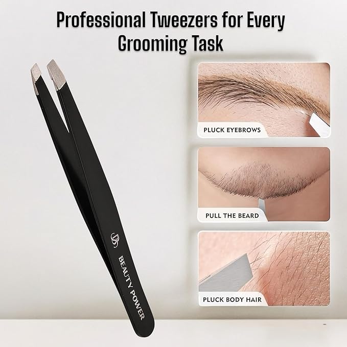 Professional Precision Slant Tweezers for Women Facial Hair - Tweezers for Men & Women, Eyebrow Tweezer for Ingrown Hair Blackhead & Splinter Removal - Black