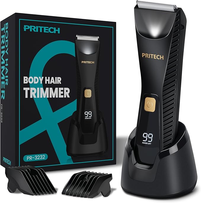 PRITECH Manscape Body Hair Trimmer for Men - Waterproof Pubic Hair Ball Trimmer, Ceramic Blade Electric Body Shavers for Men with USB-C Charging, Wet & Dry Use & Nick-Free Design, Sensitive Skin Safe