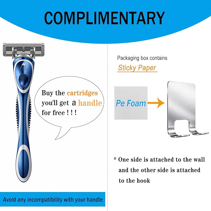 6-Blade Razor Refill Cartridges 8 Count, Professional Razor Blades for Men with Lubricating Strip, Wall Hook & Cleaning Brush Included for Smooth Shaving with Matching Handle