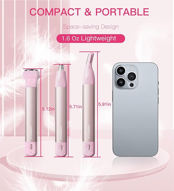 Nose Hair Trimmer for Women 3in1 Facial Hair Removal Trimmer - Metal Body, Rechargeable, Waterproof, Portable - Nose, Ear, Eyebrow, Peach-Fuzz, Lips, Chin (Pink)
