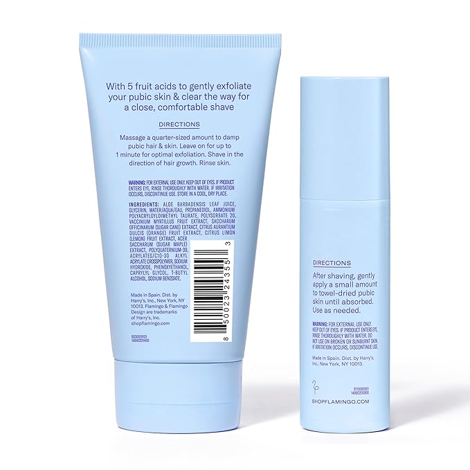 Flamingo Pubic Hair Shaving Skin Care Set, Exfoliating Shaving Gel for Women 5 fl oz with Restorative Post Shave Serum 1.7 fl oz