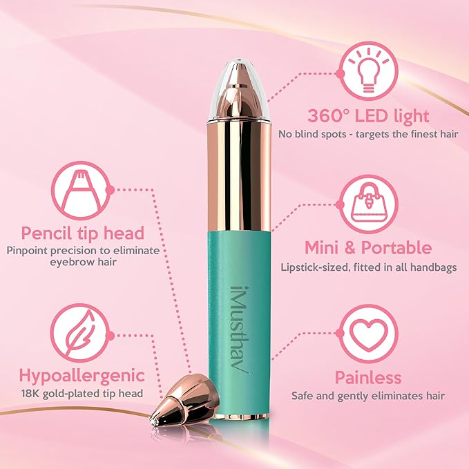 Eyebrow Hair Remover for Women | 18K Gold-Plated Head | 360° LED Light Portable Painless Epilator