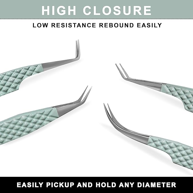 Fiber Tip Lash Tweezers for Eyelash Extensions with Diamond Grip, Set of 4 Precise Tips Japanese Steel for Classic, Volume & Mega Volume Lashes, Ideal Tweezers Set for Lash Artists (4, Light Green)