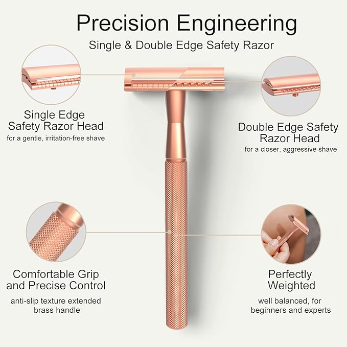Safety Razor, Single Blade Razors for Women, Reusable Metal Razor, with 10 Double Edge Blades, Smooth Close Gentle Shave, Plastic Free, Rose Gold