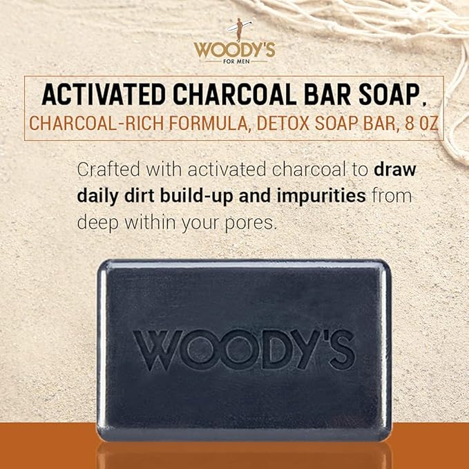 Woody's Activated Charcoal Soap Bar for Men - Detoxifying & Exfoliating Body & Face Wash with Coconut Oil & Bergamot, 8 oz