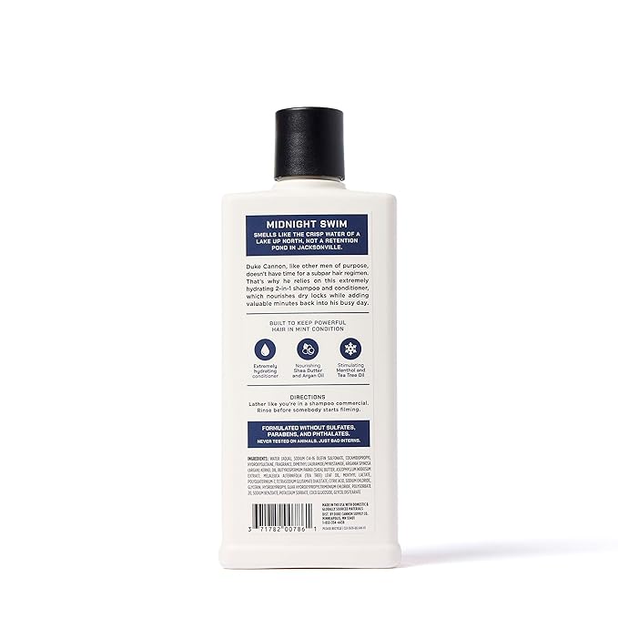 Duke Cannon 2-in-1 Shampoo & Conditioner for Men – Midnight Swim, 14 oz – Cooling, Strengthening Formula with Menthol, Tea Tree & Protein