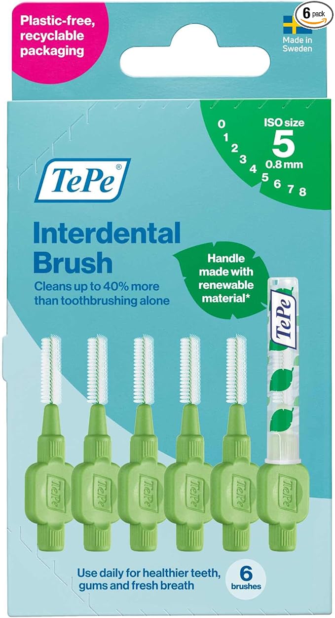 TePe Interdental Brush Original, Soft Dental Brush for Teeth Cleaning, Pack of 6, 0.8mm, Large Gaps, Green, Size 5