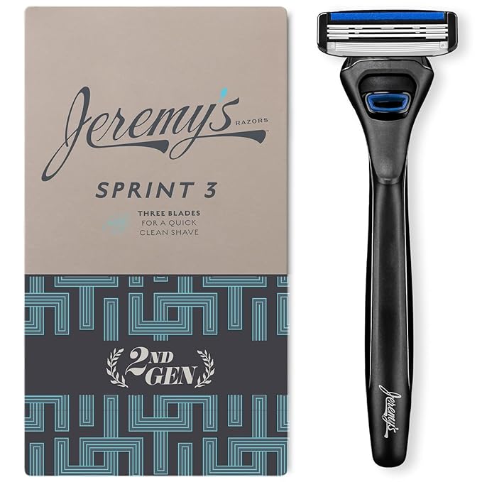 Jeremy's Razors for Men: Sprint 3 Blade Razor - Stainless Blades, Lubricating Strip, Precision Trimmer - Men's Shaving Essentials Kit, Travel Shaver Face Body Head Shavers (1 Razor 1 Cartridge)