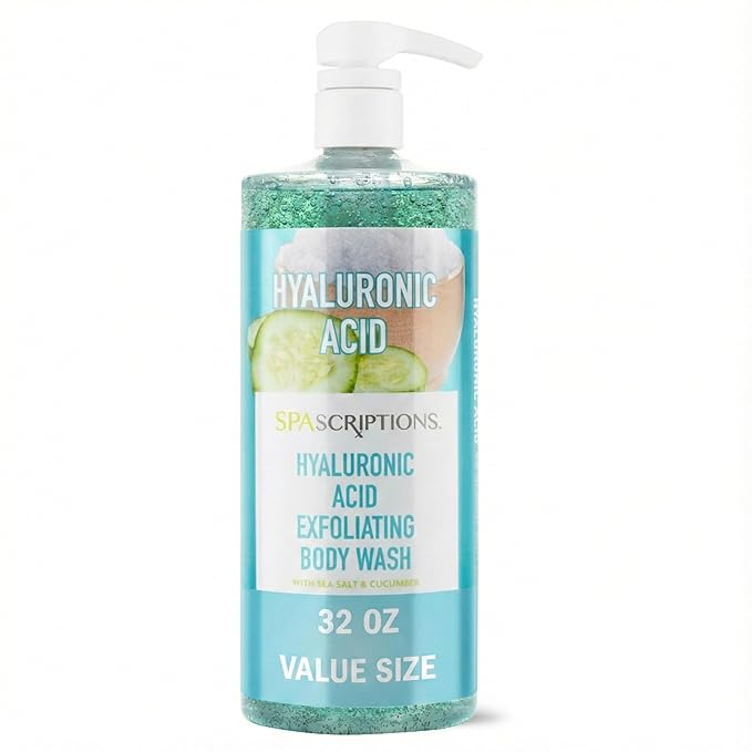 SpaScriptions Exfoliating Sea Salt Body Wash with Hyaluronic Acid - 32 fl oz Moisturizing Body Scrub for Soft Glowing Skin, Gentle Natural Daily Cleanser, PH Balanced, Scented, Paraben Free
