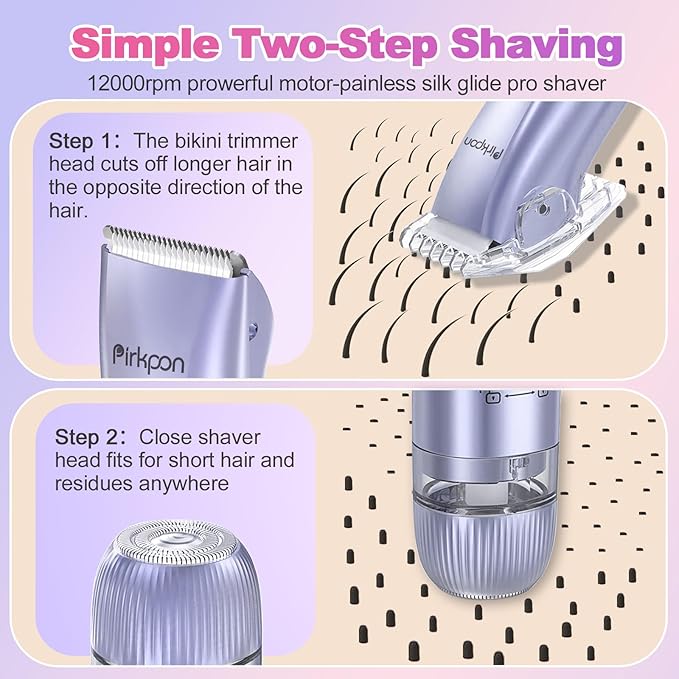 Bikini Trimmer for Women, Painless Electric Shaver with 2 in 1 Dual Head, Waterproof Wet & Dry Pubic Hair Remover, Rechargeable Bikini Razors for Face Body Underarm,Easy Cleaning & Travel-Friendly