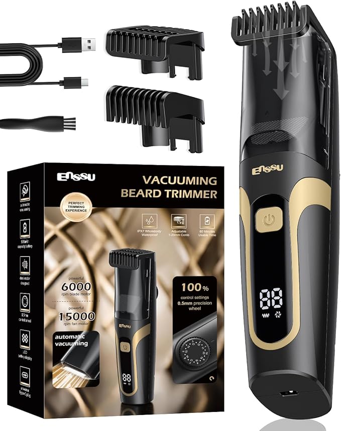 Beard Trimmer for Men Auto-Vaccum, Rechargeable Electric Men Beard Trimmers with 2 Combs, 1-20mm Adjustable Length Dial, Waterproof Cordless Mustache Trimmer for Face, Stubble
