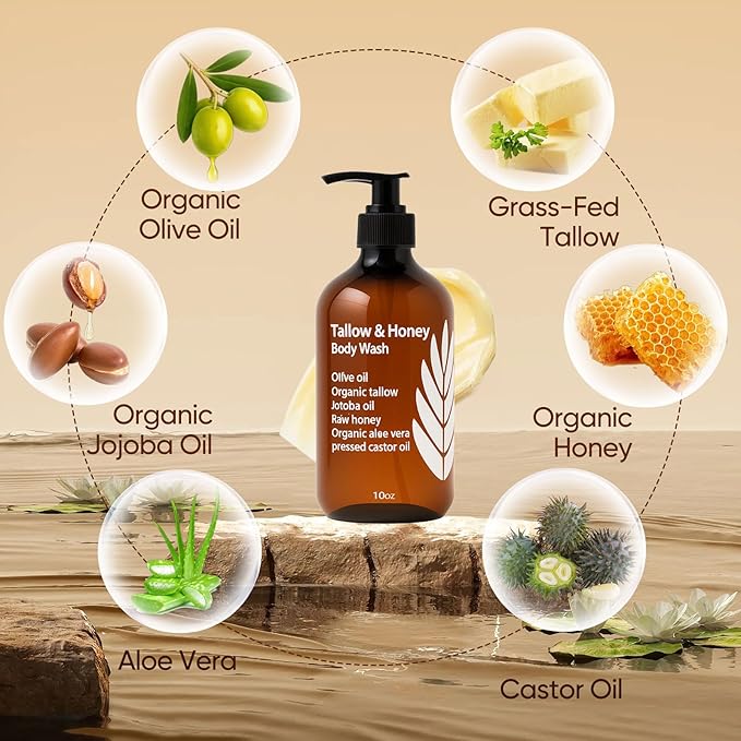 Tallow and Honey Body Wash, Grass-Finished Tallow & Honey Organic Body Wash -10oz, with Grass-Fed Tallow, Olive Oil, Aloe Vera, Shea Butter and Jojoba Oil, Clean & Hydrate Skin (1)