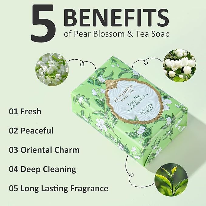 Bee & Flower Soap Bar Pear Blossom & Tea Essential Oil Scented Soap Bar Moisturizing Bath Bar Soap Nourishes Your Skin 4.4 oz(Pack of 4)