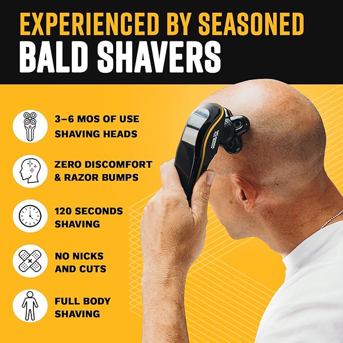 Bald Buddy Head Shaver for Men, Waterproof, Rechargeable Electric Razor, Cordless, Ergonomic Design, Battery & Cleaning Indicator, The Cut Buddy