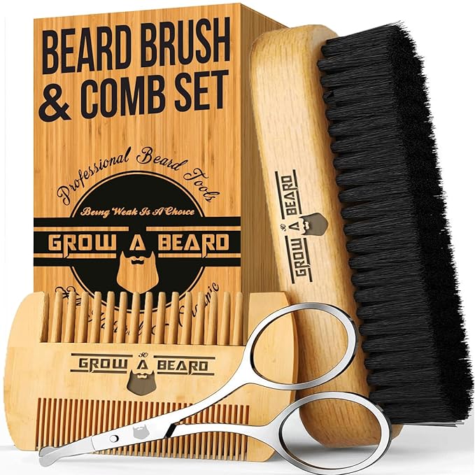 Beard Brush For Men & Beard & Mustache Comb Set with Scissors, Beard Grooming Kit, 100% Natural Boar Bristle Brush, Dual Action Wood Comb, And Travel Bag, Great Fathers Day Gift, Gift for Him