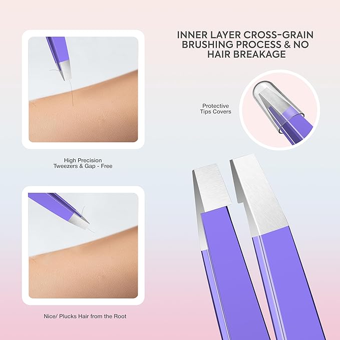 MARKHOR® Purple Petal Eyebrow Tweezers for Women Facial Hair, Splinter and Ingrown Hair Removal Tweezers Set, Professional Pointed and Slant Tweezers for Eyebrows, Precision Tweezers for Eyebrows