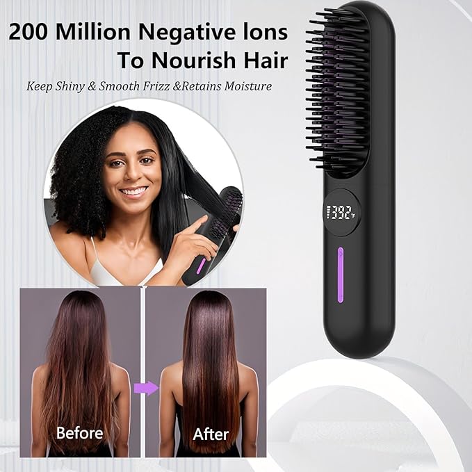 Beard Straightener for Men, Cordless Heated Beard Brush, Portable Beard Hot Combs, Ionic Hair Straightener Brush with 7 Temp Settings, Hot Comb for Home Travel
