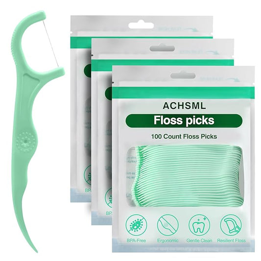 Floss Picks - 300 Count Wear Resistant Dental Floss Picks BPA Free Durable Dental Floss Ergonomic Design 2 In 1 Tooth Picks Flossers for Teeth Cleaning 3 Pack Light Green