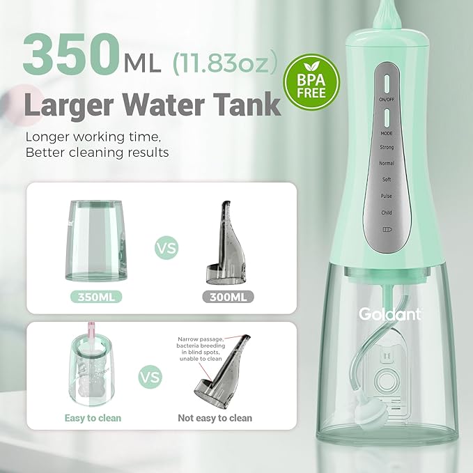 2026 New 350ML Water Flosser with Drainage & Storage Stand, Keeps Dry & Clean, 5 Modes, 360°Nozzle, Cordless Rechargeable, IPX7 Waterproof, Portable for Home & Travel (Green)