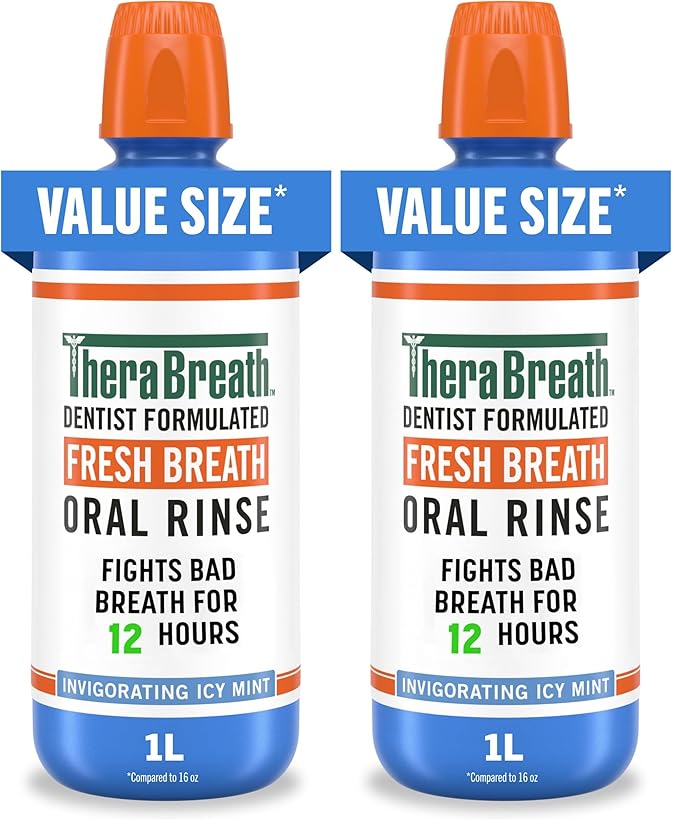 TheraBreath Fresh Breath Oral Rinse, Invigorating ICY Mint Flavor, Dentist Formulated and ADA-Accepted Mouthwash for Bad Breath pH-Balanced, Alcohol Free & Non-Burning, 1 Liter, (Pack of 2)