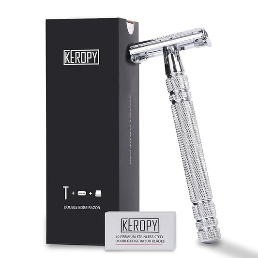 Men's Safety Razor with 10 Blades, Eco-Friendly Shaving Kit for a Smooth Shave - Reusable Metal Shaver, Ideal Gift for Men, Teens, Boyfriend - New Year 2026 Grooming Essentials - Silver