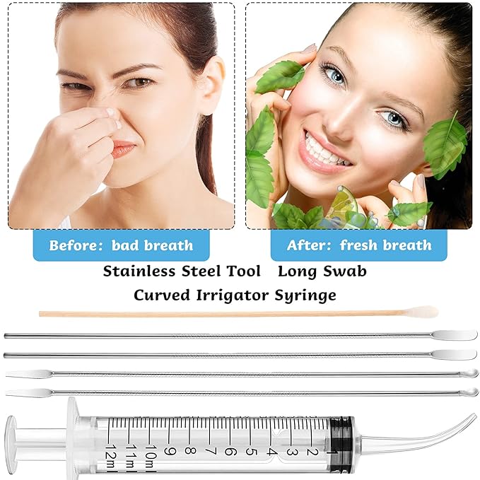 Tonsil Stone Removal Set Includes 4 Stainless Steel Tonsil Stone Removal Tools and 100 Long Swabs with 1 Curved Irrigator Syringe to Get Rid of Bad Breath
