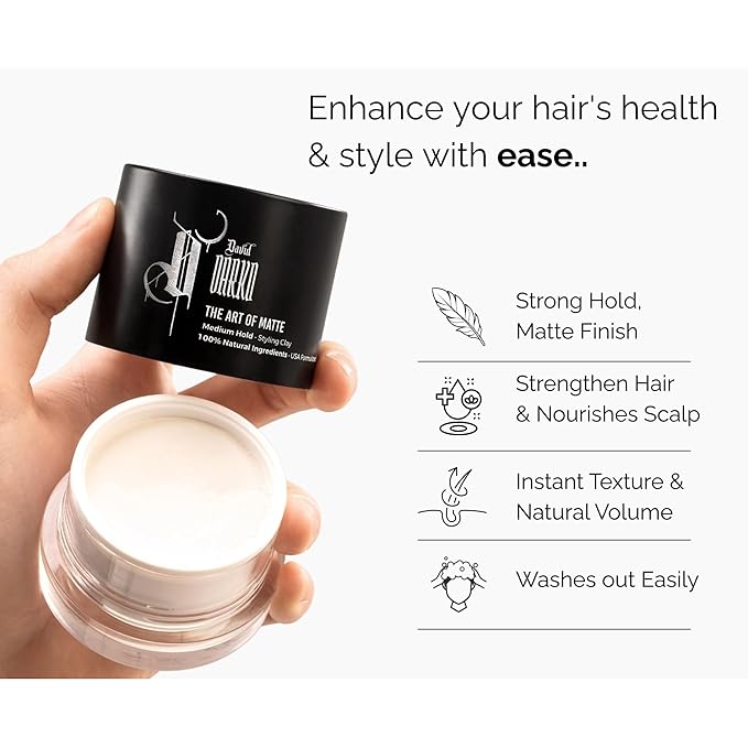 David Darko Hair Clay for Men – 100% Natural Matte Finish | Medium Hold, Easy to Wash Out | Texturizing & Styling Clay | USA-Formulated 2.82 oz