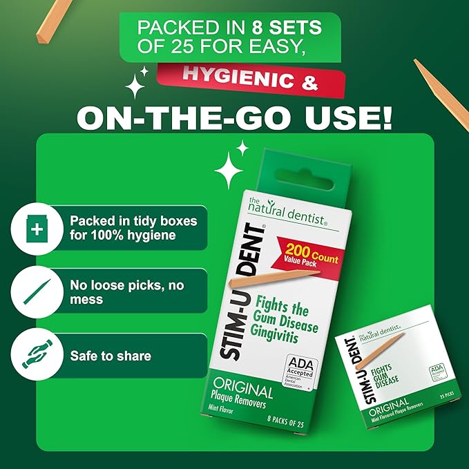 The Natural Dentist Stim-U-Dent Mint Dental Picks, Wooden Toothpicks for Food & Plaque Removal, Refreshing Mint Flavor, Travel-Friendly, 24 Packs of 25 (600 Picks)