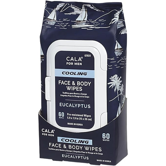 CALA for Men Cooling Face & Body Wipes, Eucalyptus Leaf Oil + Witch Hazel, Unscented Pre-Moistened Cleansing Tissues for Sweat & Grime, Soft Woven Cloth, 60 Sheets