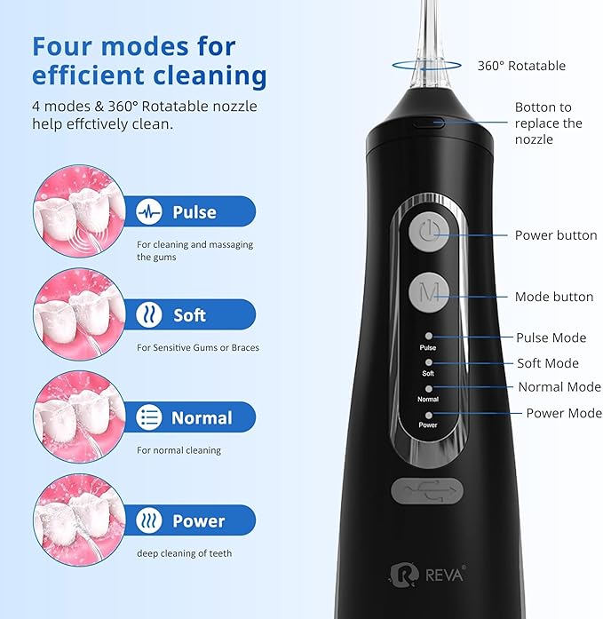 Cordless Dental Water Flosser for Teeth, Gums & Braces - Electric Oral Irrigator 310ML, 4 Modes, Rechargeable, 4 Jet Tips, Smart Memory, 360° Nozzle, IPX7 Waterproof & Low Noise (M209 - Black)