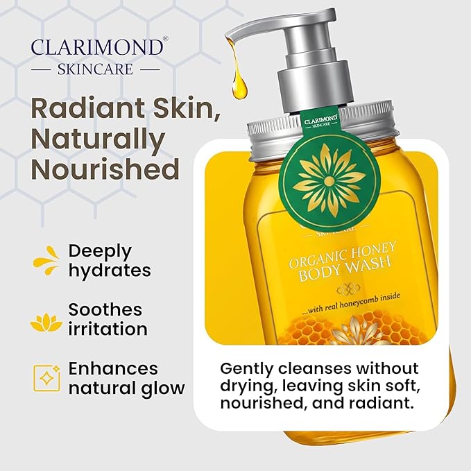 Organic Honey Body Wash – Honey Shower Gel w/Royal Jelly, Propolis & Real Honeycomb – Body Wash for Dry & Sensitive Skin – 16.9 fl oz / 500 ml Pump Bottle, Paraben & Sulfate Free