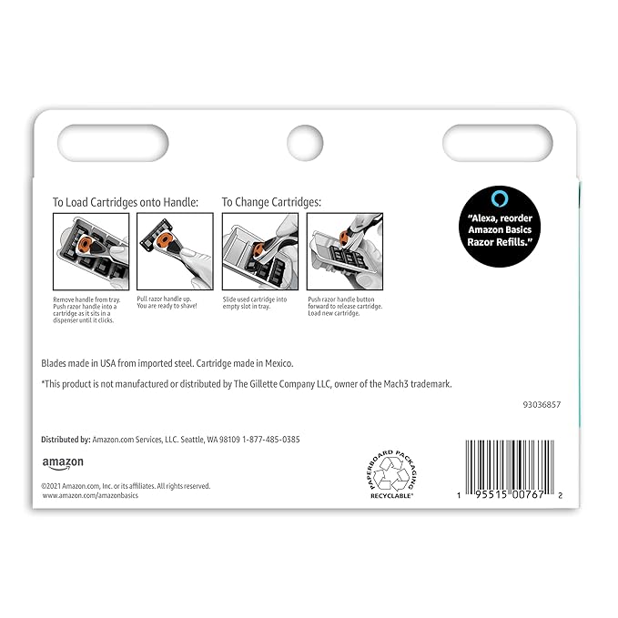 Amazon Basics 3-Blade Razor Refills for Men with Dual Lubrication, 12 Cartridges (Fits Amazon Basics Razor Handles only) (Previously Solimo)