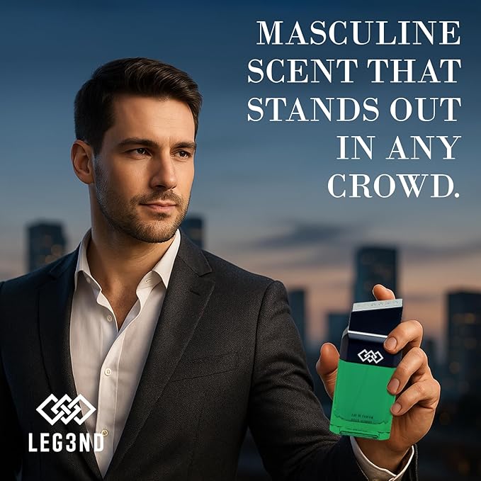 LEG3ND Men's Cologne Eau de Parfum Spray - 3.4oz/100ml Long-Lasting Scent with Elegant & Sleek Glass Bottle - Fragrance for Men with Luxurious Mandarin & Musk Notes (Green Edition)