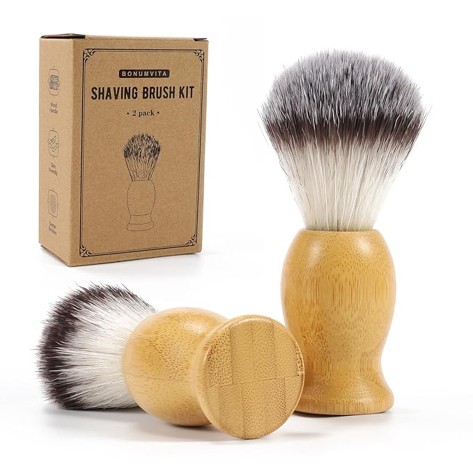 2 Pack Shaving Brush, Bamboo Handle Shave Brush with Synthetic Badger Hair, Soft Bristle Shaving Brush for Bearded Men
