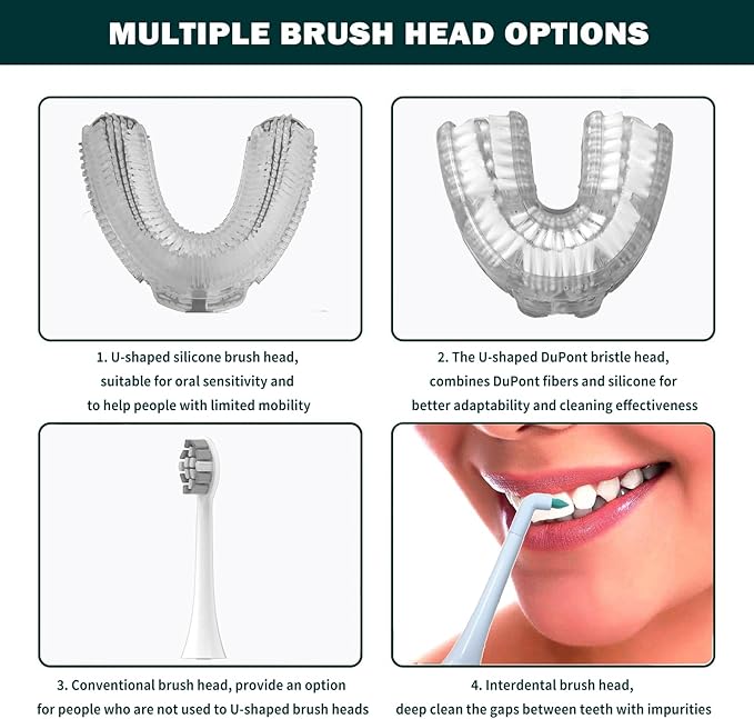 360° U-Shaped Toothbrush, Newupgrade Sonic Electric Toothbrushes for Adults, Multiple Brush Heads Options, IPX7 Waterproof, 360° Cleaning Suitable for People with Limited Mobility
