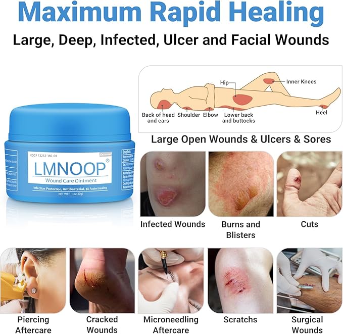 LMNOOP® Wound Care Cream for Infection Ulcers Sores Cuts Scrapes Burns Bites Surgical Open & Deep Wounds and Various Wound, First Aid Skin Repair Ointment for Hard to Heal Wounds on Back Leg Buttock