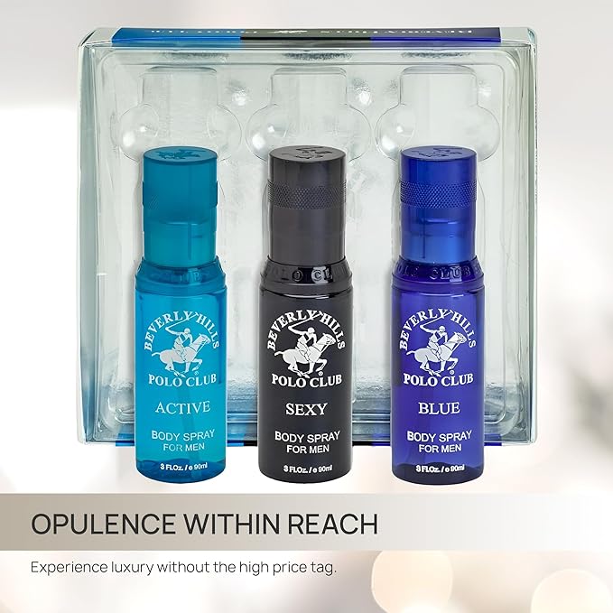 Beverly Hills Polo Club Men's Luxury Body Spray Gift Set - 3 x 3 oz Distinct Designer Fragrances for All-Day Freshness, Gym, Travel & Everyday Confidence (Silver Collection)