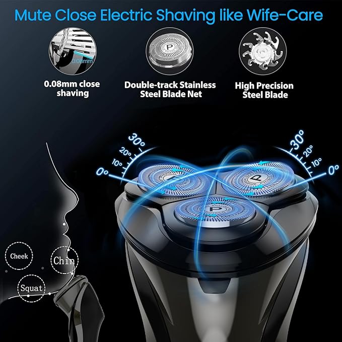 Electric Razor for Men - Phisco Electric Shavers for Man Face, USB Rechargeable, Waterproof Wet Dry Razors with Pop-Up Trimmer, LED Display, Travel Lock