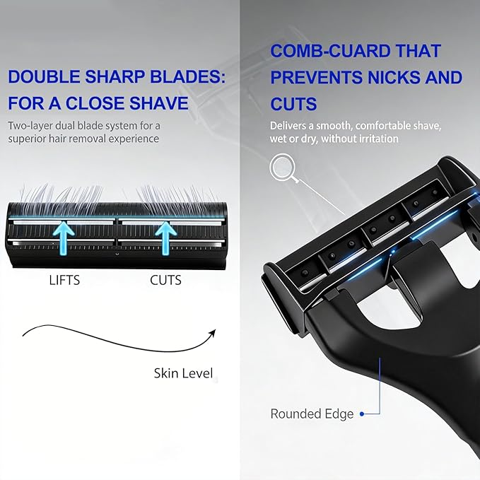 Retractable Back Shaver for Men: 180° Foldable Head Hair Shaver,Double Sharp Blades & Ergonomic Handle, Wet or Dry Back & Body Hair Removal,Silver(3PCS Blades Included)