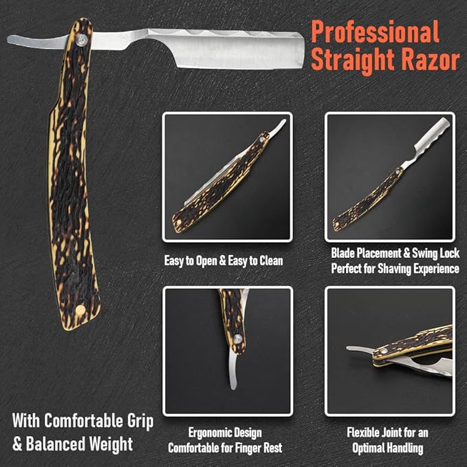 Straight Razor With Strope - Professional Straight Edge Barber Premium Stainless Steel Shaver With Shaving Strop for Men Home & Salon Grooming Using (NO.163)
