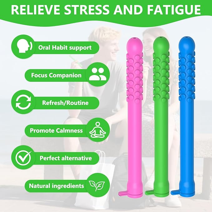 3PCS Chewable Sticks with Essential Oil, Chewable Slicone Sticks for Fresh Breath, Portable Breath Freshener with 9 Replacement Cores, Chewable Essential Oil Breath Stick Travel-Friendly