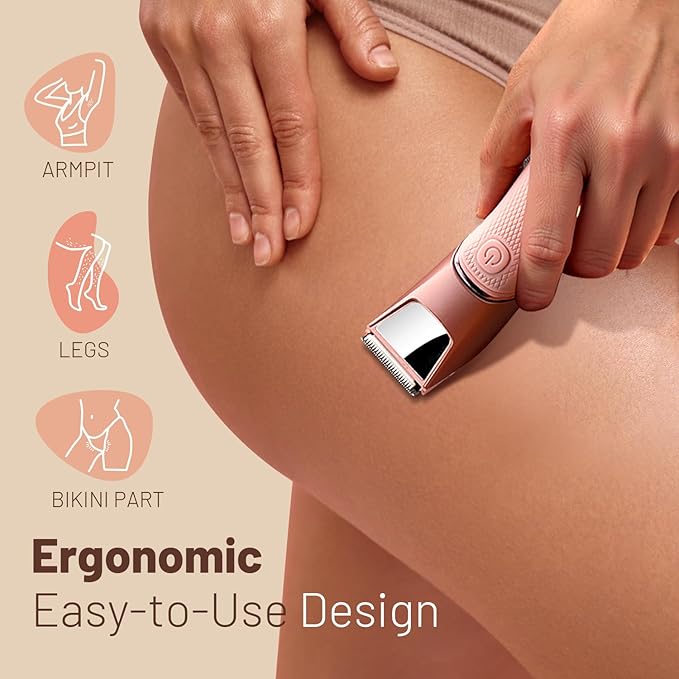 Bikini Trimmer for Women: Pubic Hair Razor with Mirror & LED Light, Electric Shaver with Travel Lock & Ceramic Blades - Body Groomer IPX7 Waterproof Use for Legs/Arm/Underarm - Dusty Pink