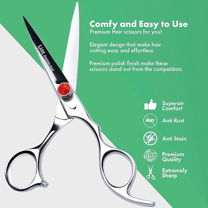 UM Supplies Scissors 6.5 | Premium Barber Shears For Hair Cutting | Multiple Purpose Cutting Scissors | Haircut Scissors For Salon I Women | Mens | kids I Pets | Silver-Red